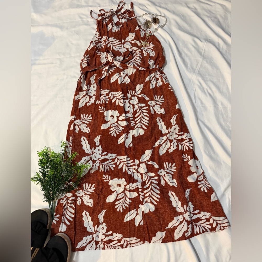 Floral Brown and White Spagetti Strap Dress with Tie